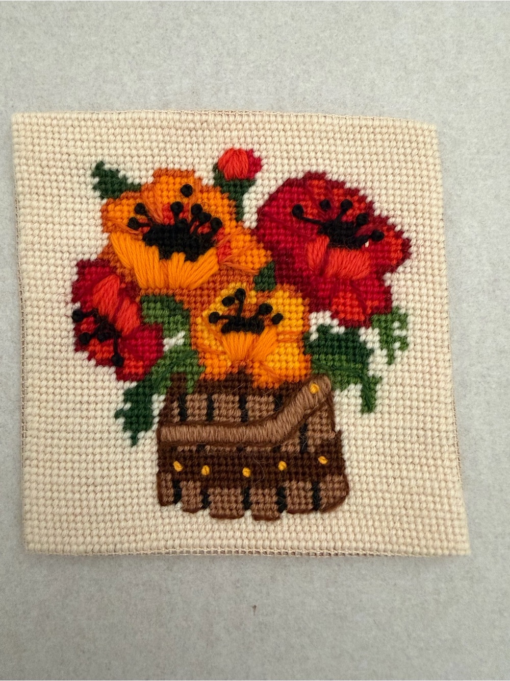 Handmade Floral Cross Stitch Wall Art - Red & Orange Bouquet
